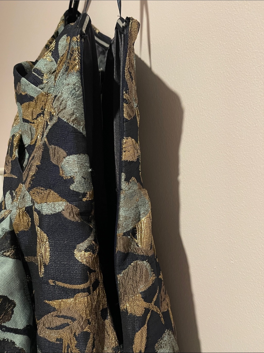 Adrianna Papell Black One-Shoulder Floral Jacquard Gown with Gold Accents - Picture 15 of 16